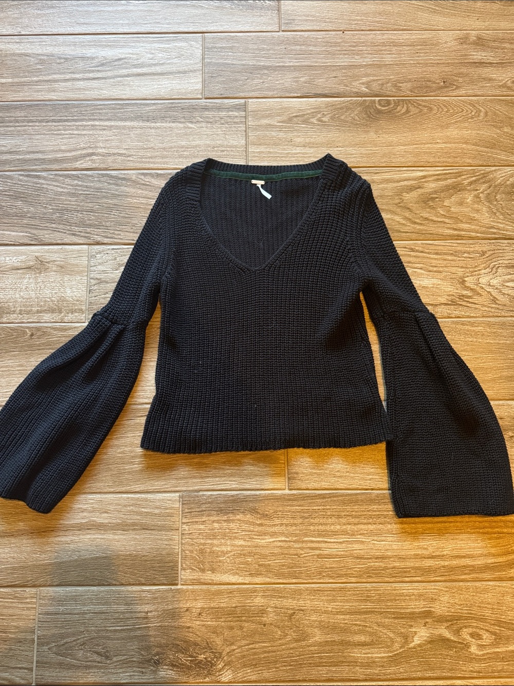 Free People Black V-Neck Bell Sleeve Sweater